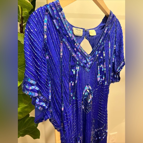 Stunning Hand Beaded Made In India Silk Vintage Dress Cobalt 10 M S - Picture 8 of 9